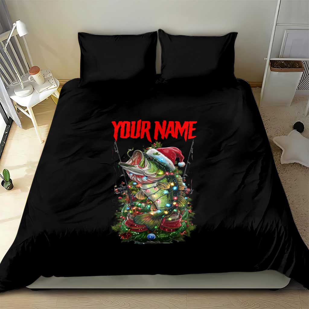 Custom Christmas Bass Fishing Bedding Set Santa Hat and Holiday Lights on Black Background - Wonder Print Shop