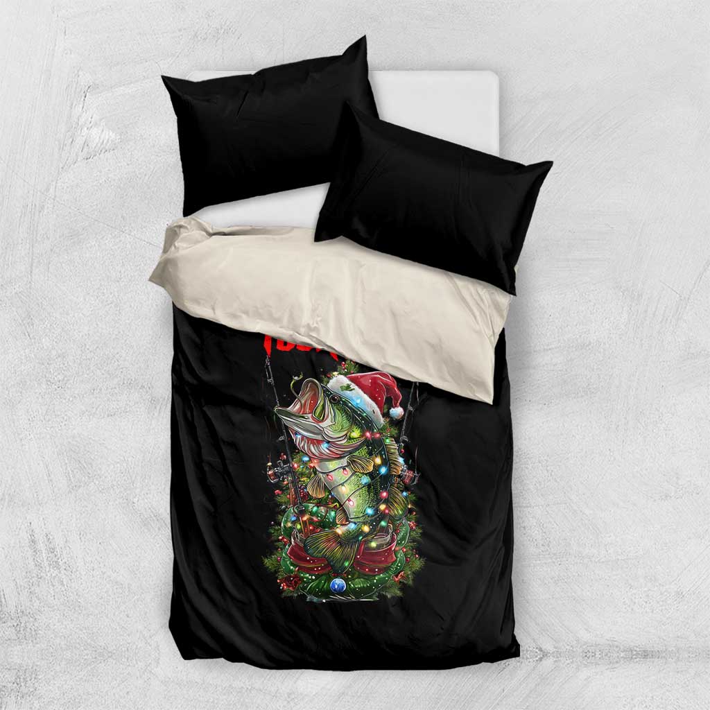 Custom Christmas Bass Fishing Bedding Set Santa Hat and Holiday Lights on Black Background - Wonder Print Shop