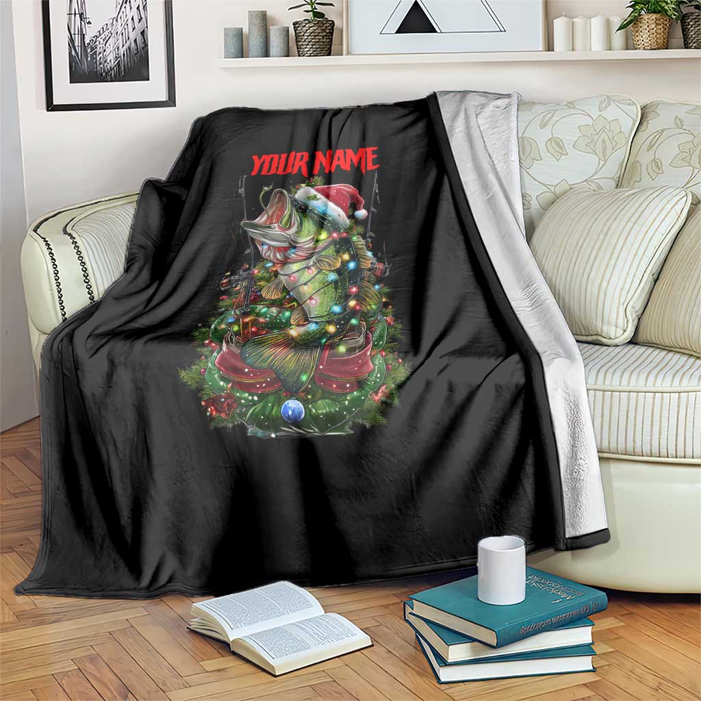 Custom Christmas Bass Fishing Blanket Santa Hat and Holiday Lights on Black Background - Wonder Print Shop