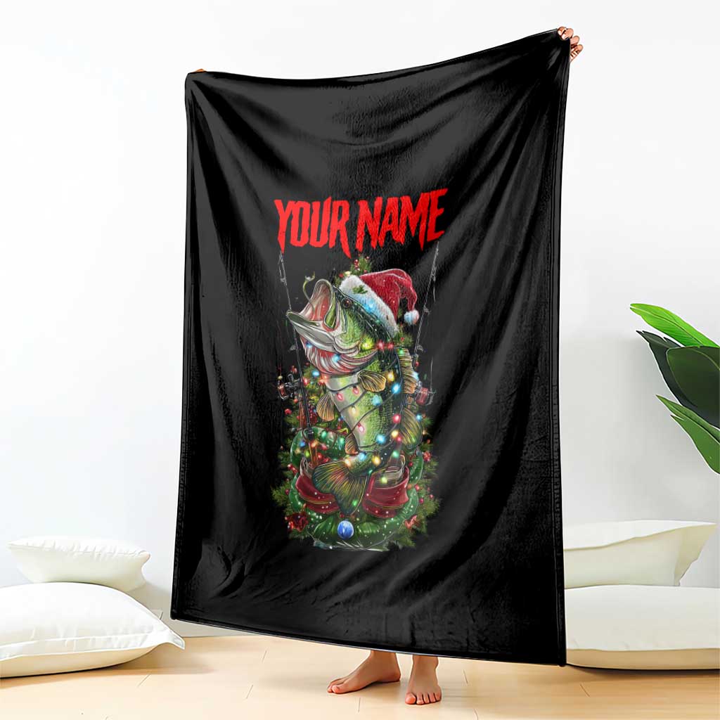 Custom Christmas Bass Fishing Blanket Santa Hat and Holiday Lights on Black Background - Wonder Print Shop