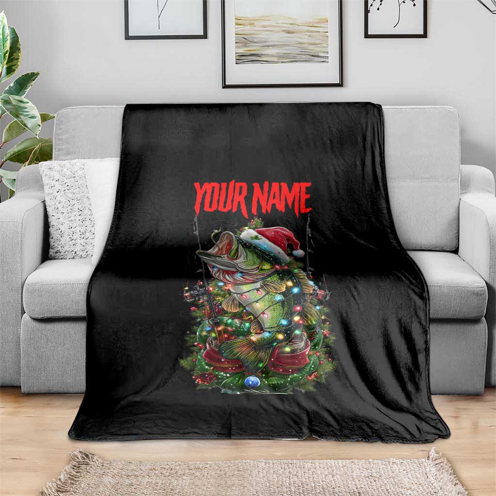 Custom Christmas Bass Fishing Blanket Santa Hat and Holiday Lights on Black Background - Wonder Print Shop