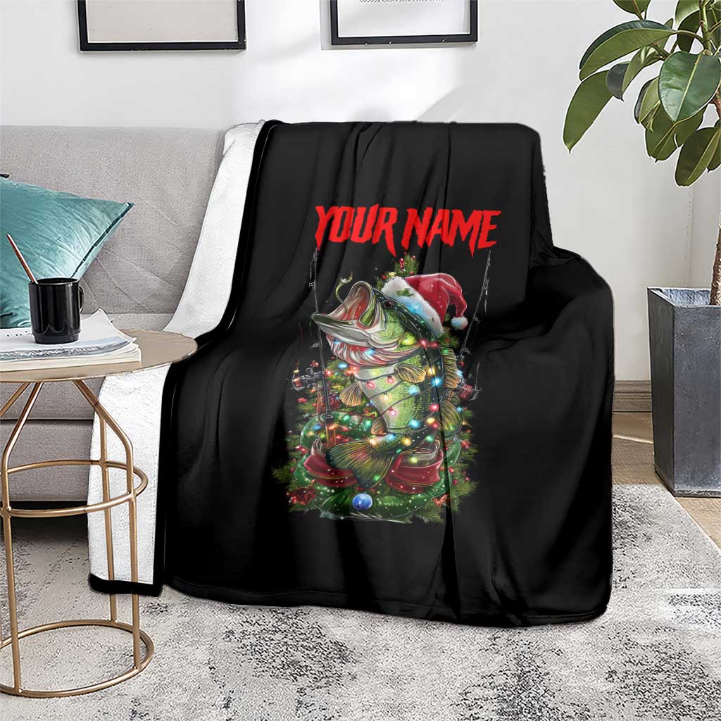 Custom Christmas Bass Fishing Blanket Santa Hat and Holiday Lights on Black Background - Wonder Print Shop