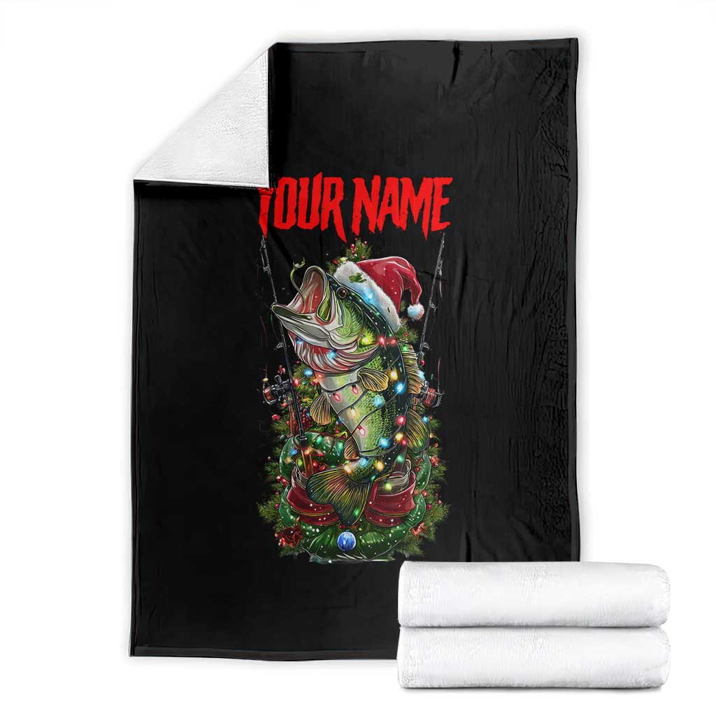 Custom Christmas Bass Fishing Blanket Santa Hat and Holiday Lights on Black Background - Wonder Print Shop
