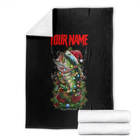 Custom Christmas Bass Fishing Blanket Santa Hat and Holiday Lights on Black Background - Wonder Print Shop