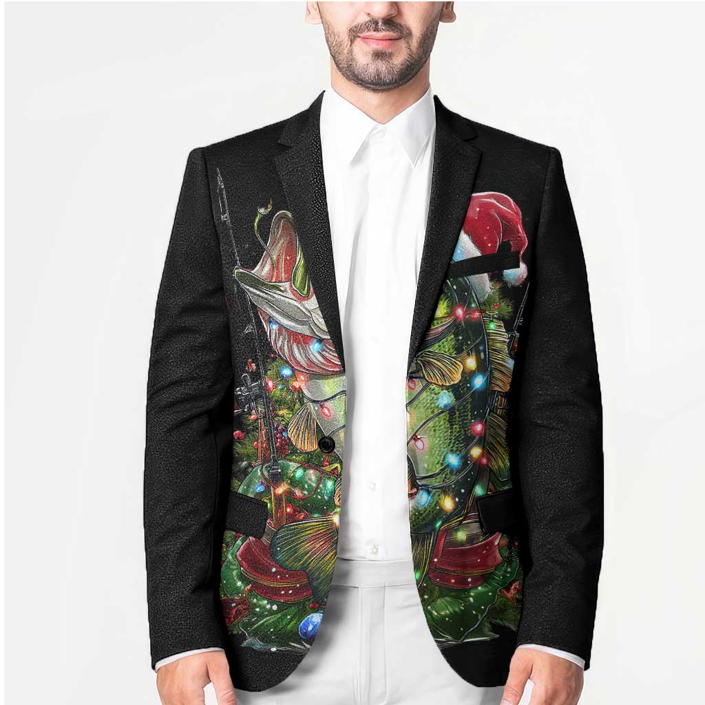 Custom Christmas Bass Fishing Blazer Santa Hat and Holiday Lights on Black Background - Wonder Print Shop