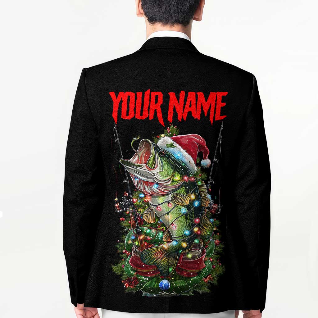 Custom Christmas Bass Fishing Blazer Santa Hat and Holiday Lights on Black Background - Wonder Print Shop