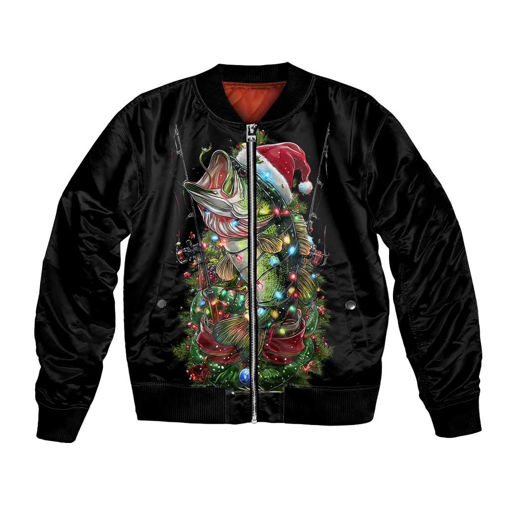 Custom Christmas Bass Fishing Bomber Jacket Santa Hat and Holiday Lights on Black Background - Wonder Print Shop