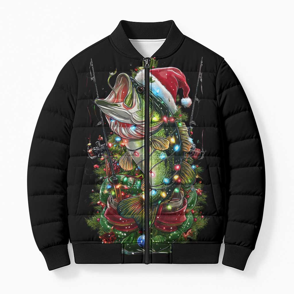 Custom Christmas Bass Fishing Bomber Puffer Jacket Santa Hat and Holiday Lights on Black Background - Wonder Print Shop