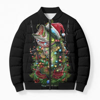 Custom Christmas Bass Fishing Bomber Puffer Jacket Santa Hat and Holiday Lights on Black Background - Wonder Print Shop