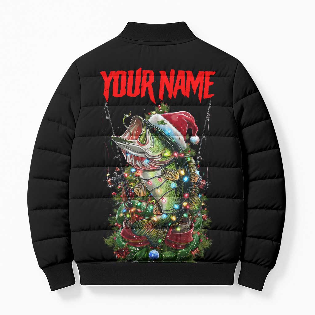 Custom Christmas Bass Fishing Bomber Puffer Jacket Santa Hat and Holiday Lights on Black Background - Wonder Print Shop
