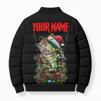 Custom Christmas Bass Fishing Bomber Puffer Jacket Santa Hat and Holiday Lights on Black Background - Wonder Print Shop