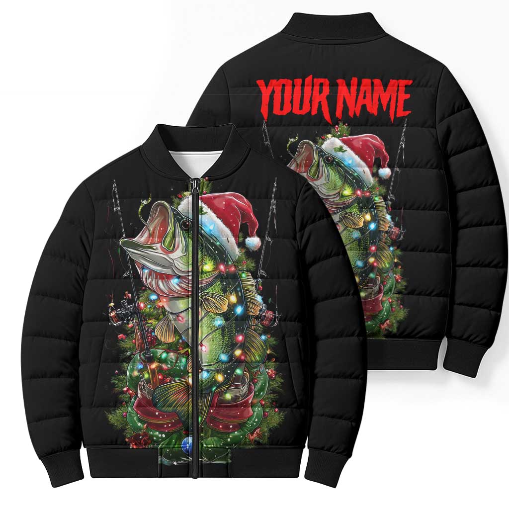Custom Christmas Bass Fishing Bomber Puffer Jacket Santa Hat and Holiday Lights on Black Background - Wonder Print Shop