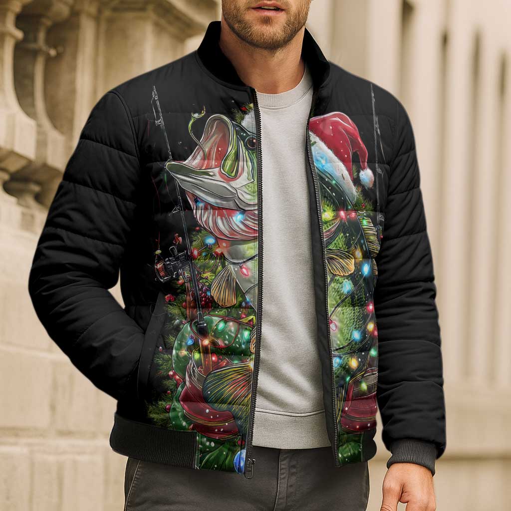 Custom Christmas Bass Fishing Bomber Puffer Jacket Santa Hat and Holiday Lights on Black Background - Wonder Print Shop