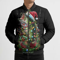 Custom Christmas Bass Fishing Bomber Puffer Jacket Santa Hat and Holiday Lights on Black Background - Wonder Print Shop