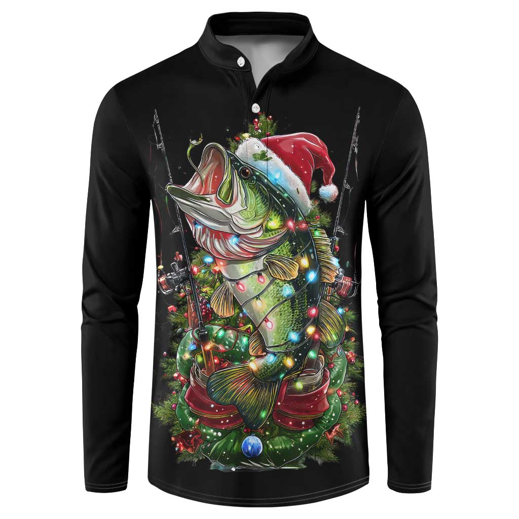 Custom Christmas Bass Fishing Button Sweatshirt Santa Hat and Holiday Lights on Black Background - Wonder Print Shop