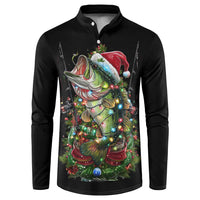 Custom Christmas Bass Fishing Button Sweatshirt Santa Hat and Holiday Lights on Black Background - Wonder Print Shop