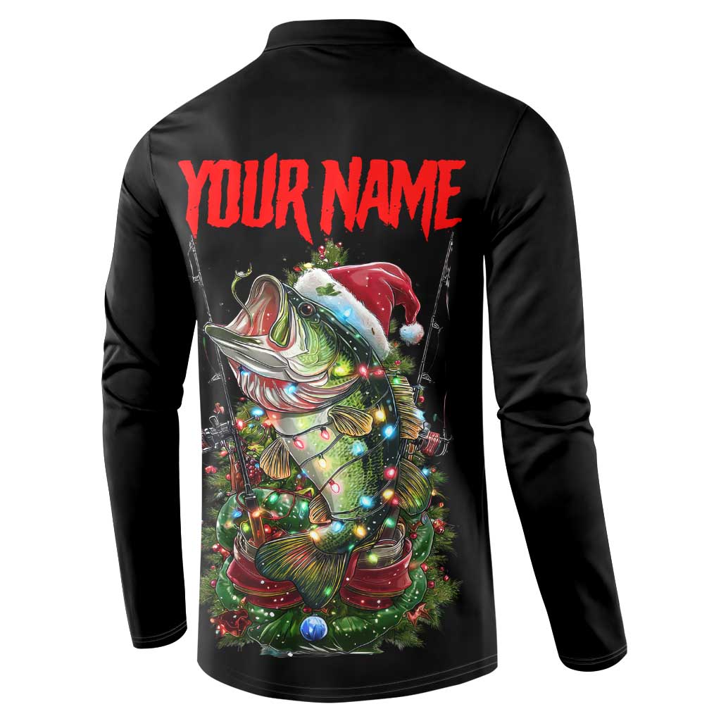 Custom Christmas Bass Fishing Button Sweatshirt Santa Hat and Holiday Lights on Black Background - Wonder Print Shop