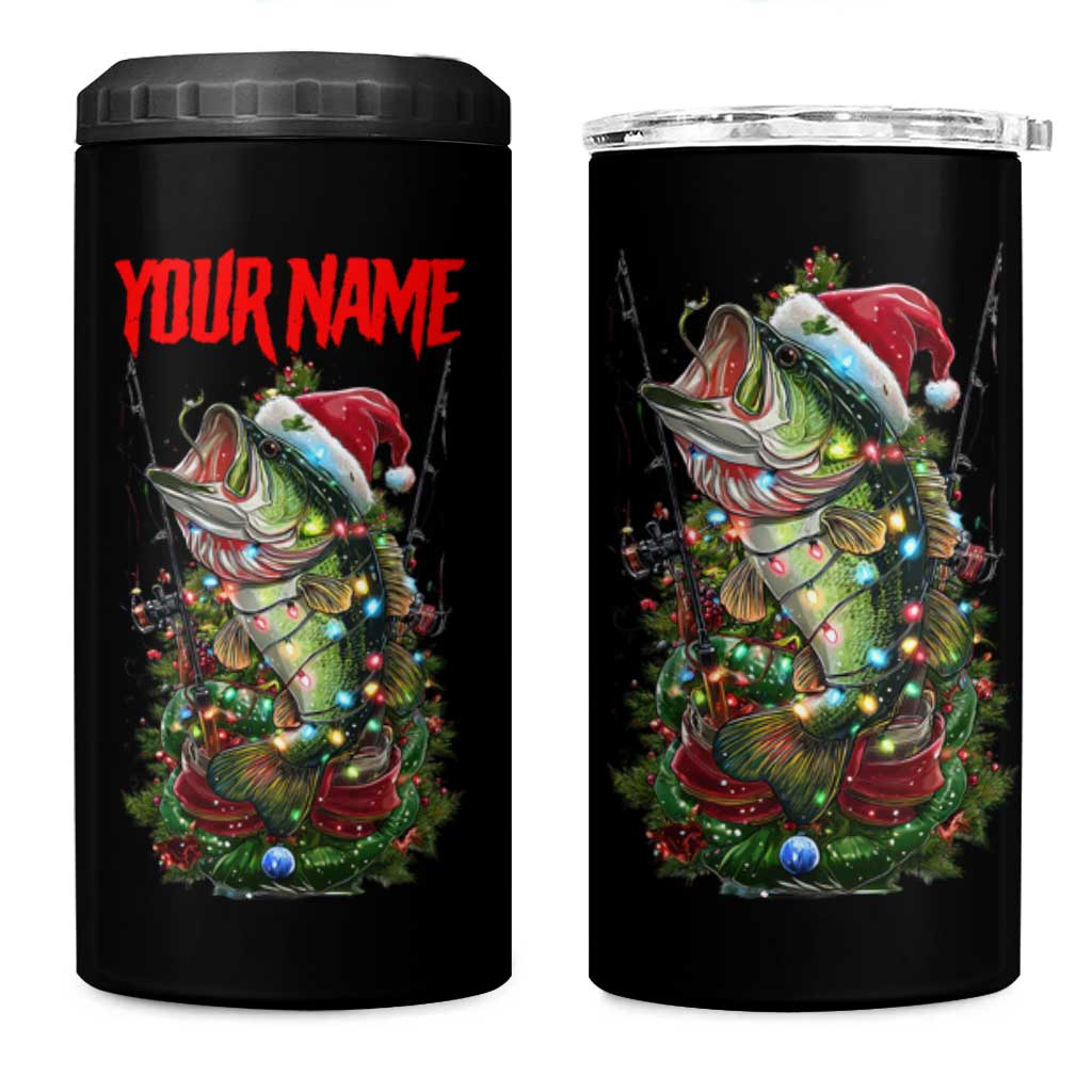 Custom Christmas Bass Fishing 4 in 1 Can Cooler Tumbler Santa Hat and Holiday Lights on Black Background - Wonder Print Shop