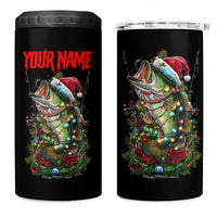 Custom Christmas Bass Fishing 4 in 1 Can Cooler Tumbler Santa Hat and Holiday Lights on Black Background - Wonder Print Shop