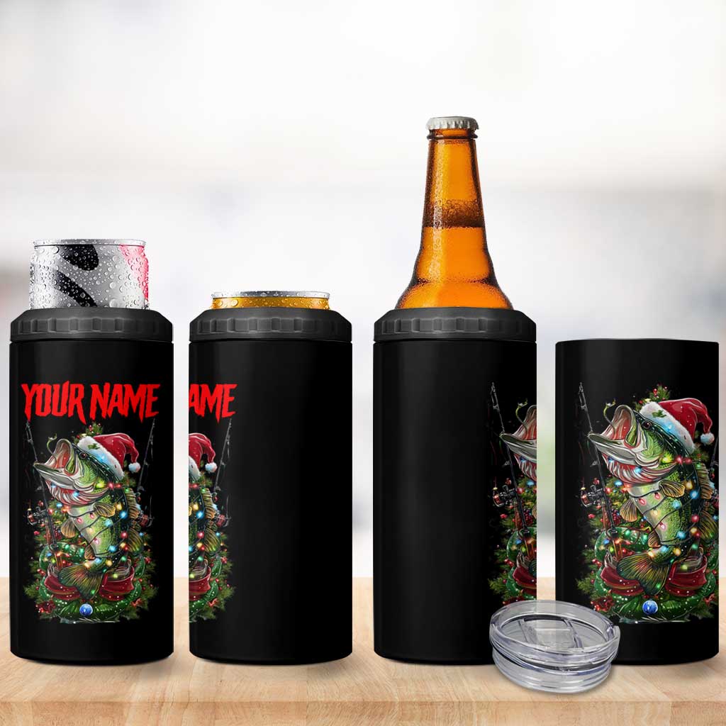 Custom Christmas Bass Fishing 4 in 1 Can Cooler Tumbler Santa Hat and Holiday Lights on Black Background - Wonder Print Shop