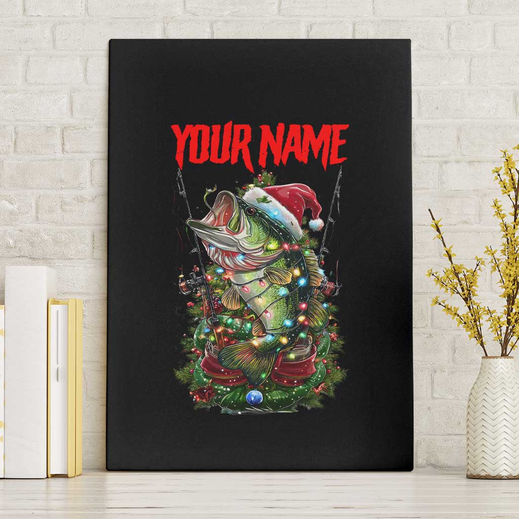 Custom Christmas Bass Fishing Canvas Wall Art Santa Hat and Holiday Lights on Black Background - Wonder Print Shop