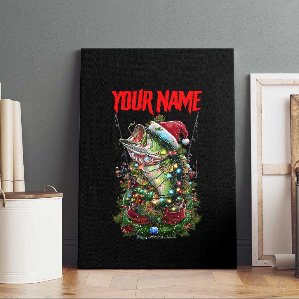 Custom Christmas Bass Fishing Canvas Wall Art Santa Hat and Holiday Lights on Black Background - Wonder Print Shop