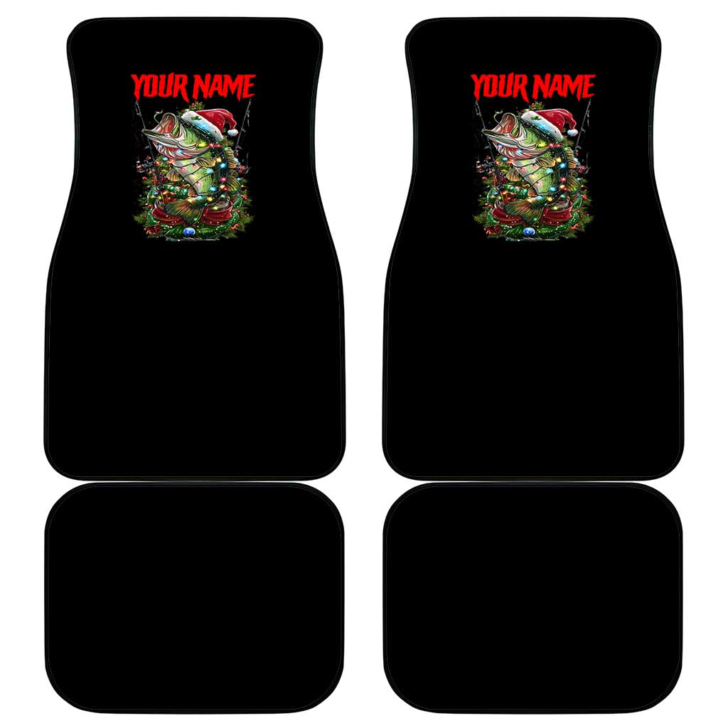 Custom Christmas Bass Fishing Car Mats Santa Hat and Holiday Lights on Black Background - Wonder Print Shop