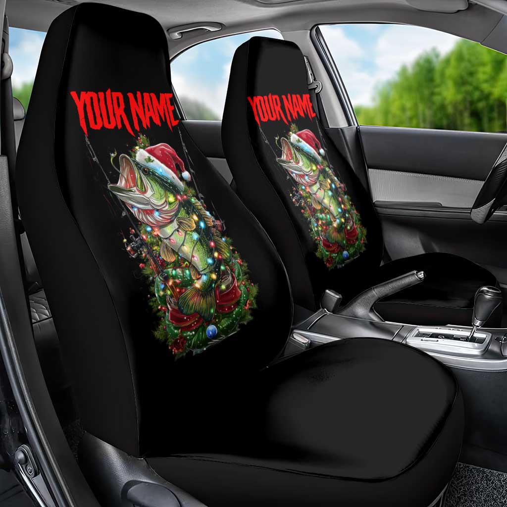 Custom Christmas Bass Fishing Car Seat Cover Santa Hat and Holiday Lights on Black Background - Wonder Print Shop