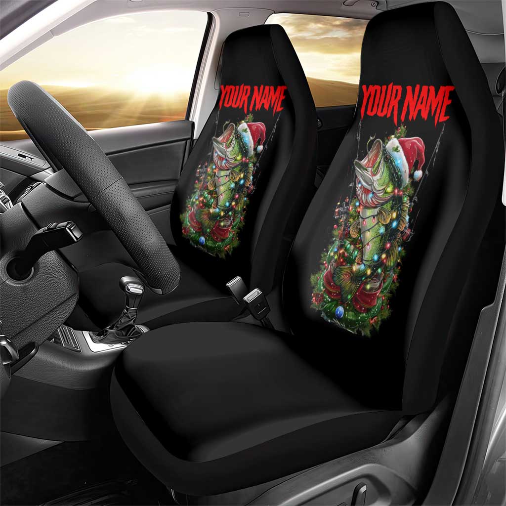 Custom Christmas Bass Fishing Car Seat Cover Santa Hat and Holiday Lights on Black Background - Wonder Print Shop