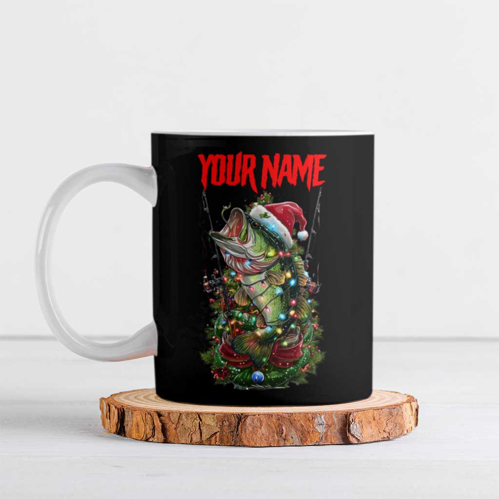 Custom Christmas Bass Fishing Ceramic Mug Santa Hat and Holiday Lights on Black Background - Wonder Print Shop