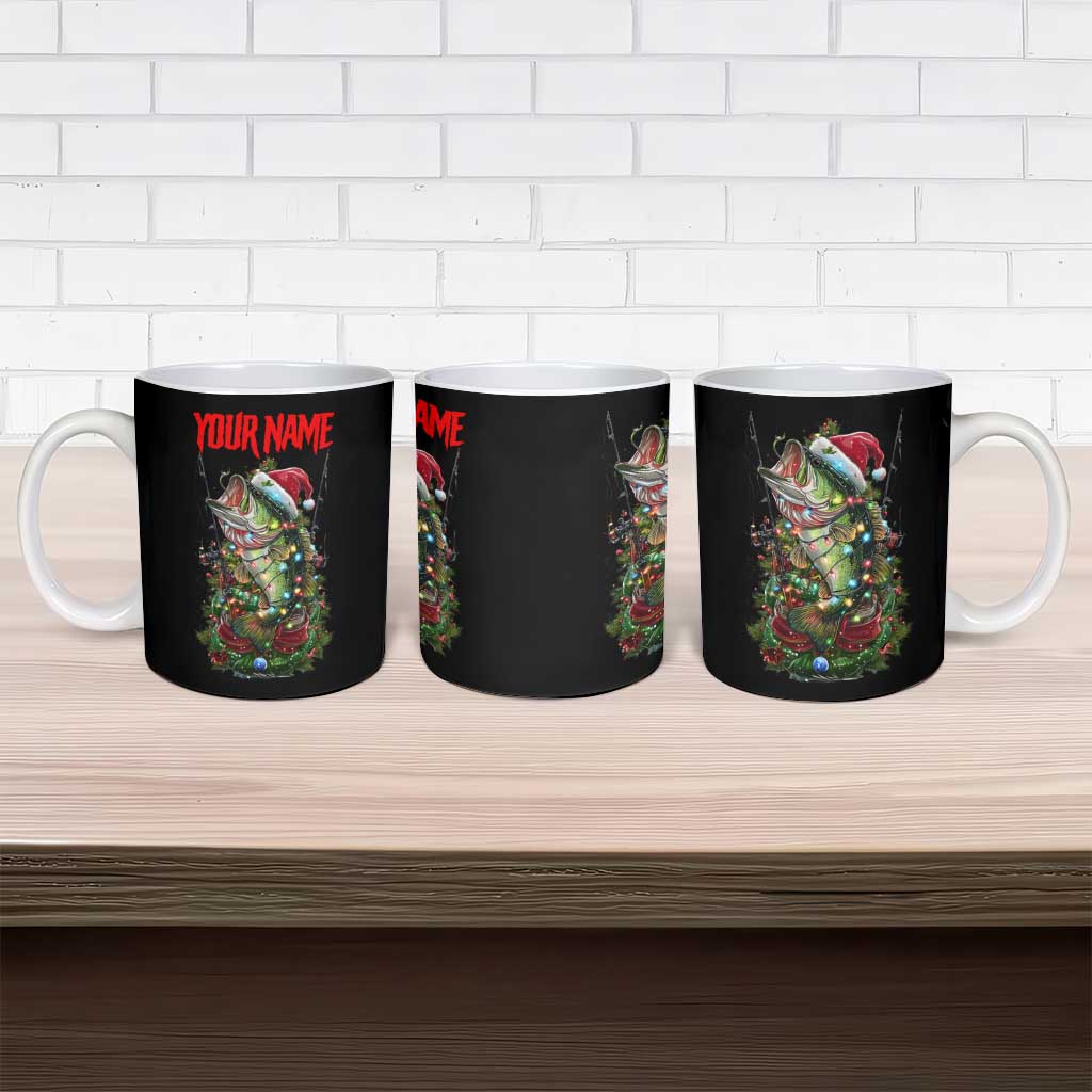 Custom Christmas Bass Fishing Ceramic Mug Santa Hat and Holiday Lights on Black Background - Wonder Print Shop