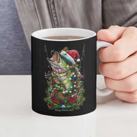 Custom Christmas Bass Fishing Ceramic Mug Santa Hat and Holiday Lights on Black Background - Wonder Print Shop