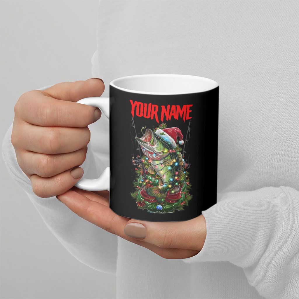 Custom Christmas Bass Fishing Ceramic Mug Santa Hat and Holiday Lights on Black Background - Wonder Print Shop
