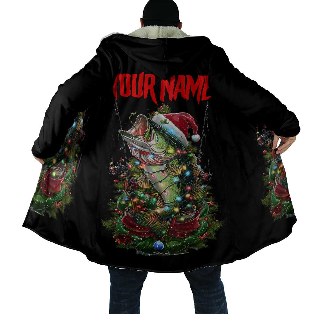 Custom Christmas Bass Fishing Cloak Santa Hat and Holiday Lights on Black Background - Wonder Print Shop