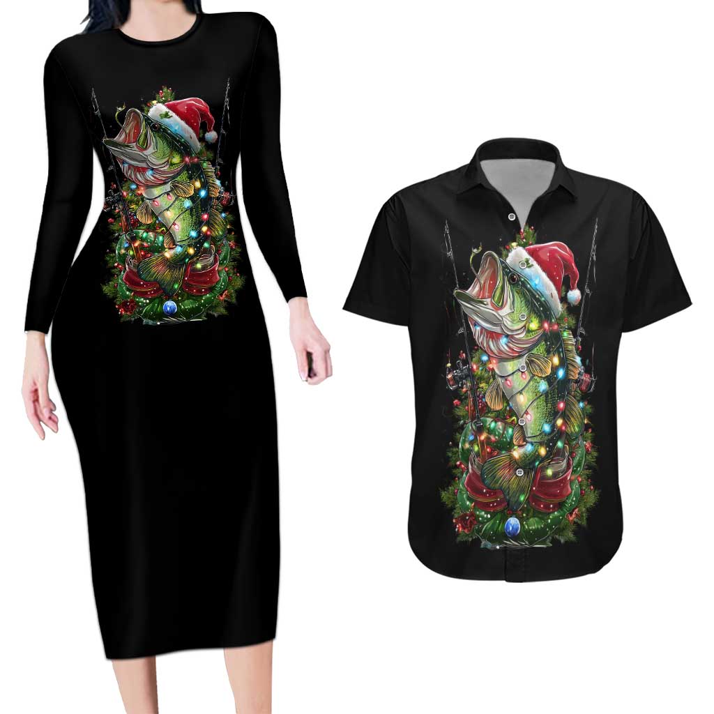 Custom Christmas Bass Fishing Couples Matching Long Sleeve Bodycon Dress and Hawaiian Shirt Santa Hat and Holiday Lights on Black Background - Wonder Print Shop