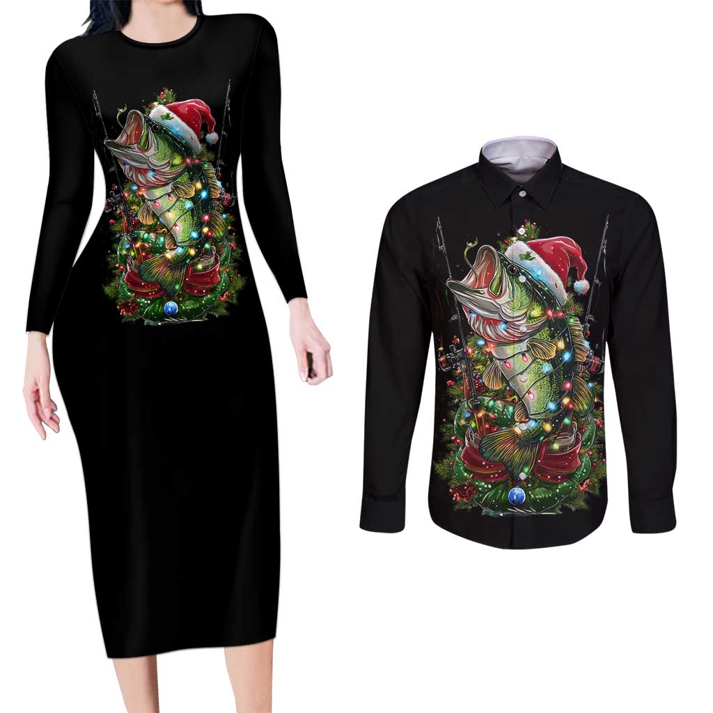 Custom Christmas Bass Fishing Couples Matching Long Sleeve Bodycon Dress and Long Sleeve Button Shirt Santa Hat and Holiday Lights on Black Background - Wonder Print Shop