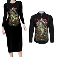 Custom Christmas Bass Fishing Couples Matching Long Sleeve Bodycon Dress and Long Sleeve Button Shirt Santa Hat and Holiday Lights on Black Background - Wonder Print Shop