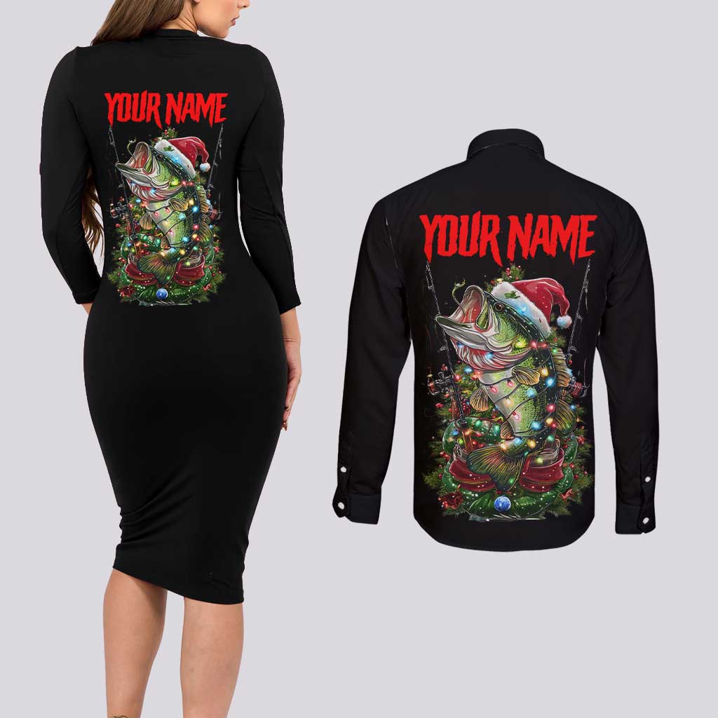 Custom Christmas Bass Fishing Couples Matching Long Sleeve Bodycon Dress and Long Sleeve Button Shirt Santa Hat and Holiday Lights on Black Background - Wonder Print Shop