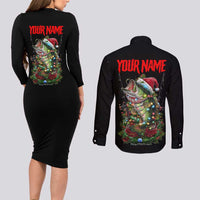 Custom Christmas Bass Fishing Couples Matching Long Sleeve Bodycon Dress and Long Sleeve Button Shirt Santa Hat and Holiday Lights on Black Background - Wonder Print Shop