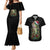 Custom Christmas Bass Fishing Couples Matching Mermaid Dress and Hawaiian Shirt Santa Hat and Holiday Lights on Black Background - Wonder Print Shop