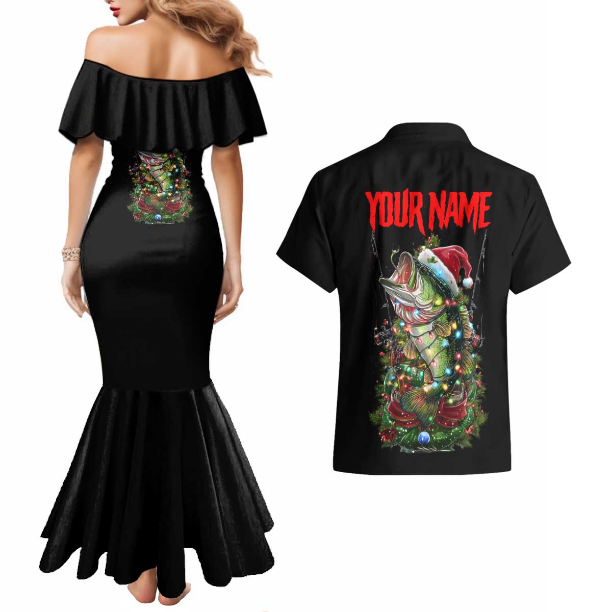 Custom Christmas Bass Fishing Couples Matching Mermaid Dress and Hawaiian Shirt Santa Hat and Holiday Lights on Black Background - Wonder Print Shop