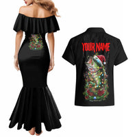 Custom Christmas Bass Fishing Couples Matching Mermaid Dress and Hawaiian Shirt Santa Hat and Holiday Lights on Black Background - Wonder Print Shop
