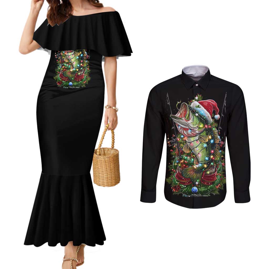 Custom Christmas Bass Fishing Couples Matching Mermaid Dress and Long Sleeve Button Shirt Santa Hat and Holiday Lights on Black Background - Wonder Print Shop