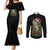 Custom Christmas Bass Fishing Couples Matching Mermaid Dress and Long Sleeve Button Shirt Santa Hat and Holiday Lights on Black Background - Wonder Print Shop