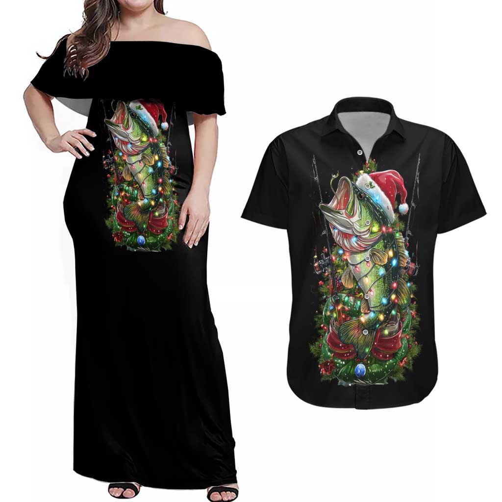 Custom Christmas Bass Fishing Couples Matching Off Shoulder Maxi Dress and Hawaiian Shirt Santa Hat and Holiday Lights on Black Background - Wonder Print Shop