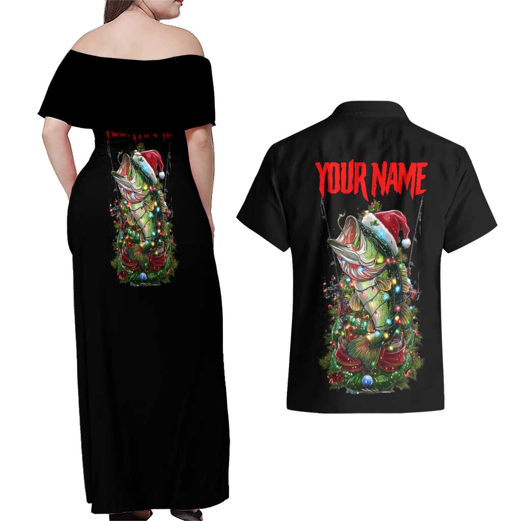Custom Christmas Bass Fishing Couples Matching Off Shoulder Maxi Dress and Hawaiian Shirt Santa Hat and Holiday Lights on Black Background - Wonder Print Shop
