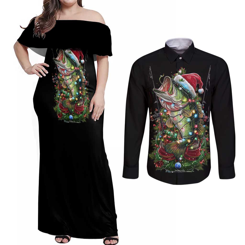 Custom Christmas Bass Fishing Couples Matching Off Shoulder Maxi Dress and Long Sleeve Button Shirt Santa Hat and Holiday Lights on Black Background - Wonder Print Shop