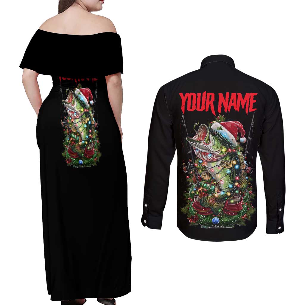 Custom Christmas Bass Fishing Couples Matching Off Shoulder Maxi Dress and Long Sleeve Button Shirt Santa Hat and Holiday Lights on Black Background - Wonder Print Shop