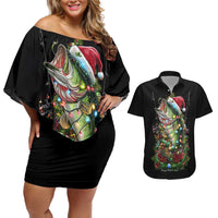 Custom Christmas Bass Fishing Couples Matching Off Shoulder Short Dress and Hawaiian Shirt Santa Hat and Holiday Lights on Black Background - Wonder Print Shop
