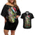 Custom Christmas Bass Fishing Couples Matching Off Shoulder Short Dress and Hawaiian Shirt Santa Hat and Holiday Lights on Black Background - Wonder Print Shop